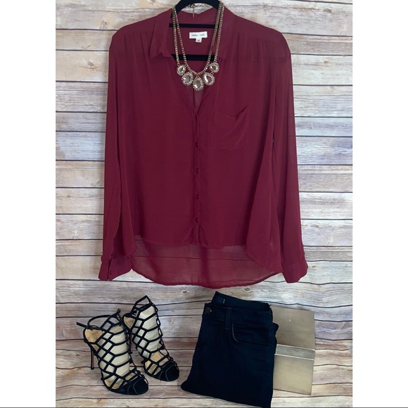 Silence + Noise Sheer Burgundy High-Low Button Down Top - Urban Outfitte… - Picture 6 of 6